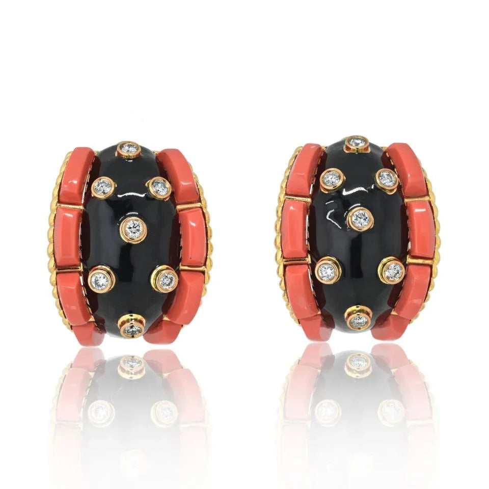 David Webb Platinum & 18K Yellow Gold Coral, Diamond And Black Enamel Earrings — Laura Milman New York