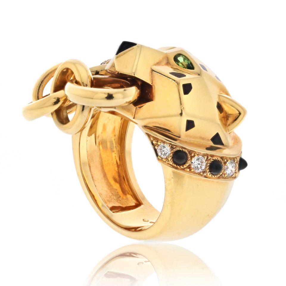 Cartier 18K Yellow Gold Panthere Ring with Onyx and Tsavorite, Size 8.75