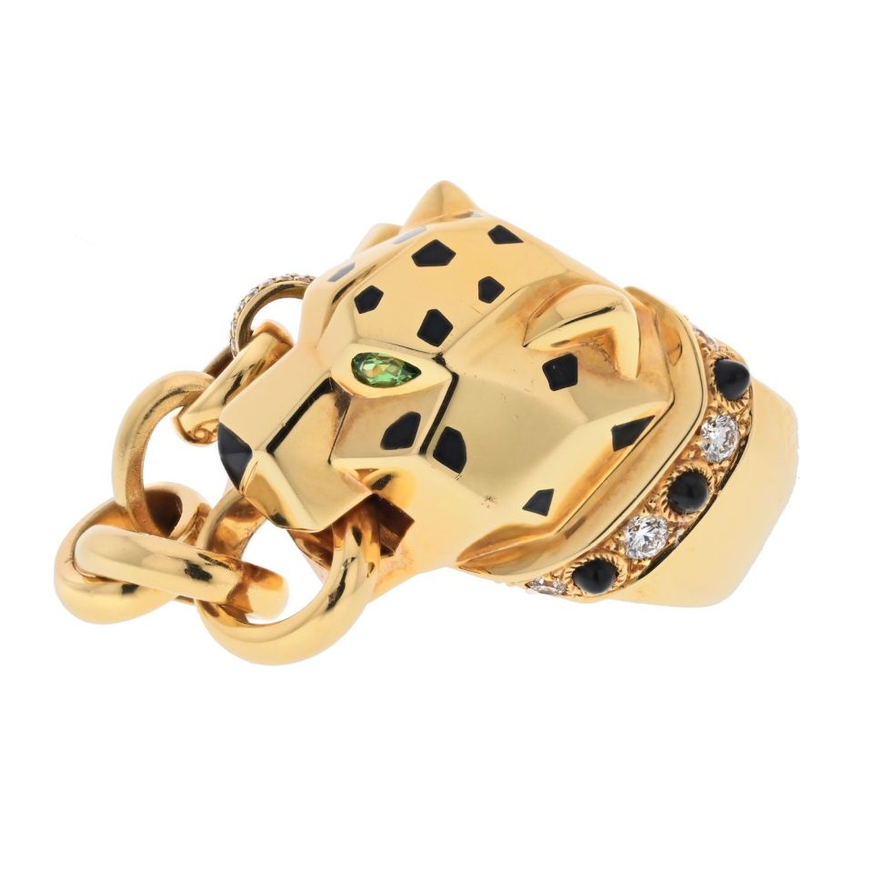 Cartier 18K Yellow Gold Panthere Ring with Onyx and Tsavorite, Size 8.75