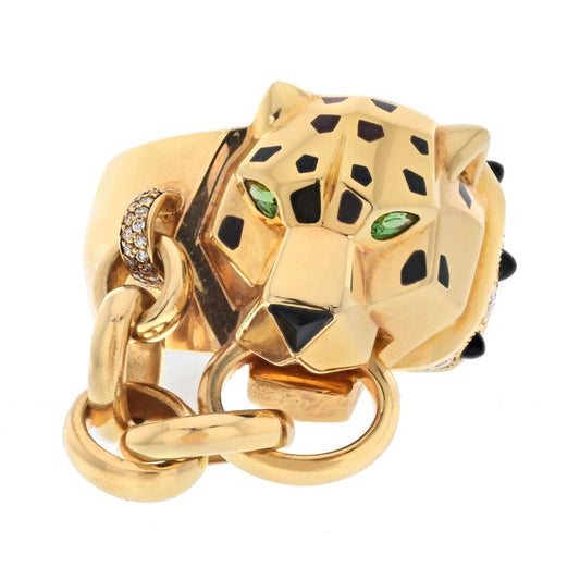Cartier 18K Yellow Gold Panthere Ring with Onyx and Tsavorite, Size 8.75