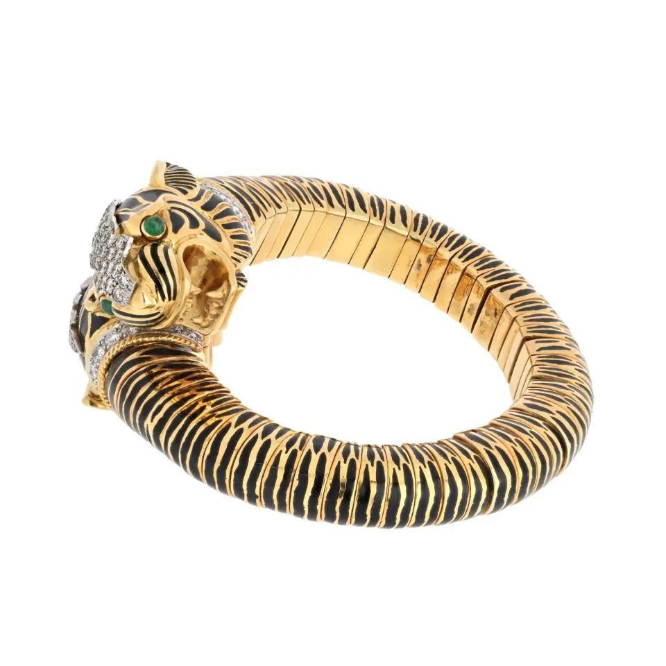 David Webb Platinum & 18K Yellow Gold Double Head Tiger Black Enamel Bracelet — view 2 — Laura Milman New York