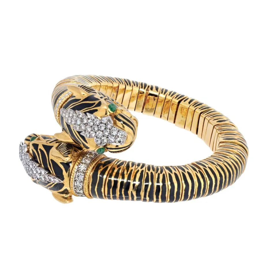David Webb Platinum & 18K Yellow Gold Double Head Tiger Black Enamel Bracelet — Laura Milman New York