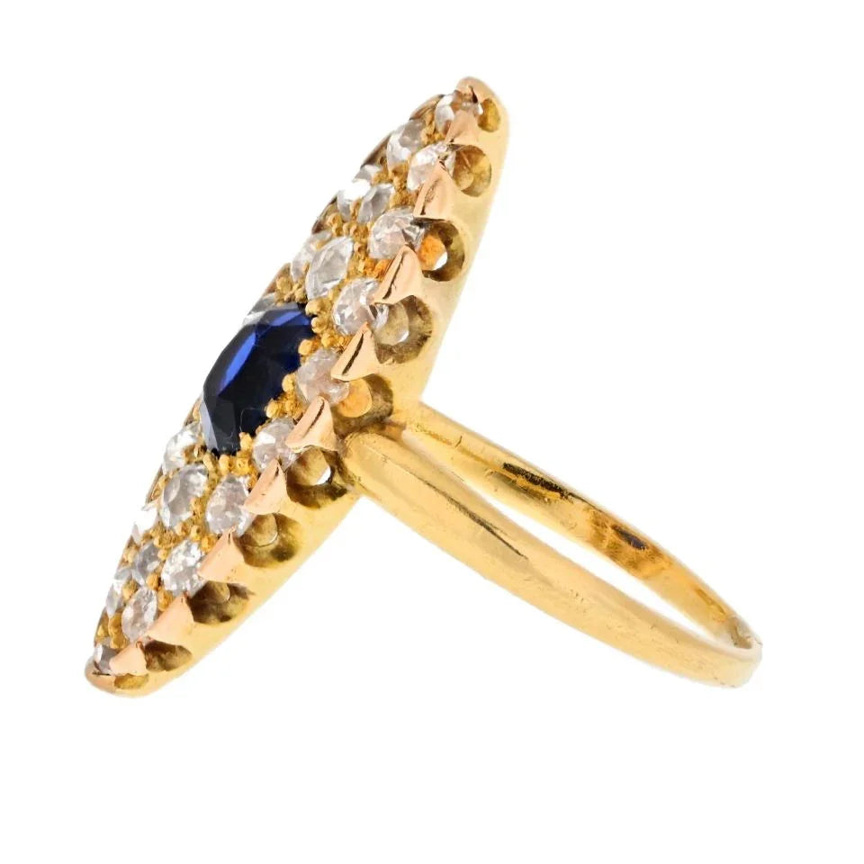Tiffany & Co. 14K Yellow Gold Burma Sapphire And Old Cut Diamond Navette Ring — view 2 — Laura Milman New York