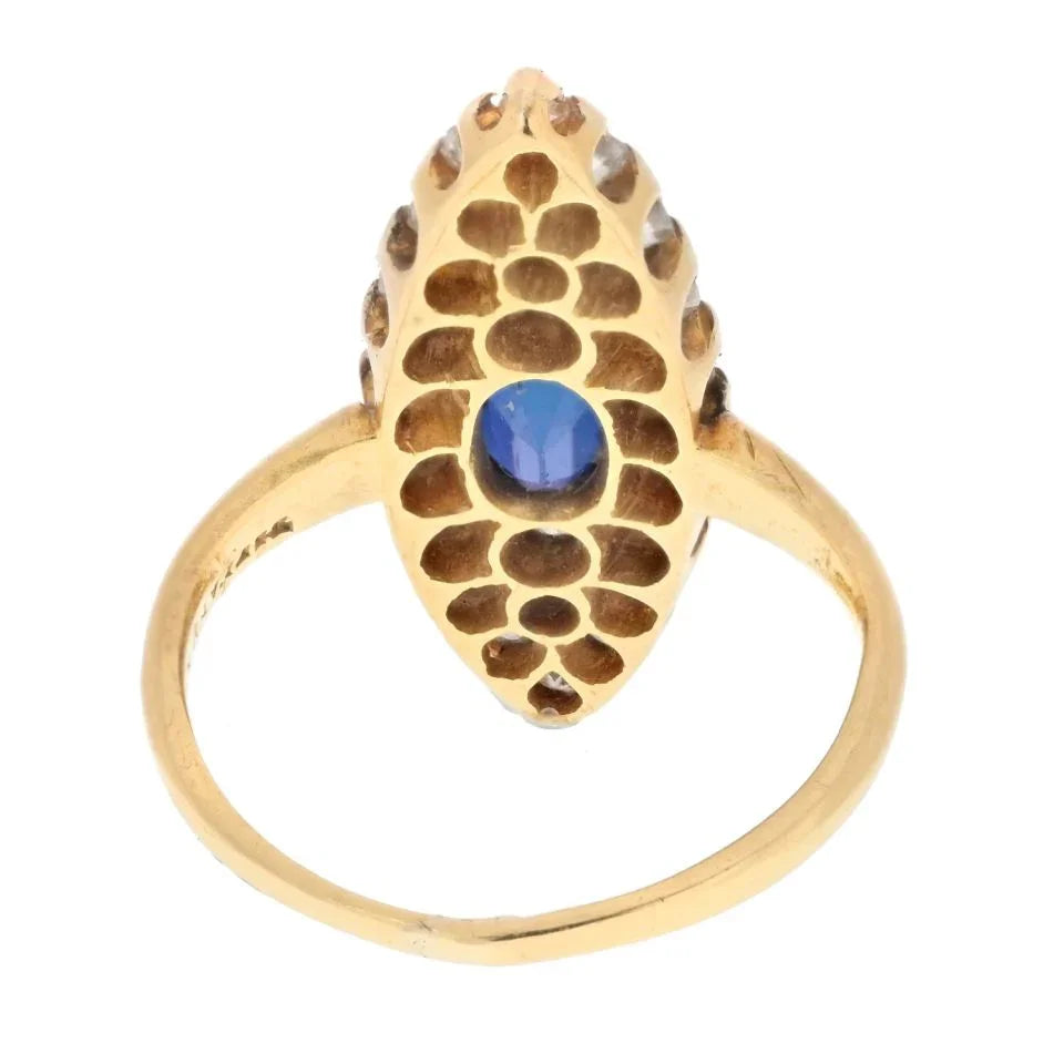 Tiffany & Co. 14K Yellow Gold Burma Sapphire And Old Cut Diamond Navette Ring — view 4 — Laura Milman New York