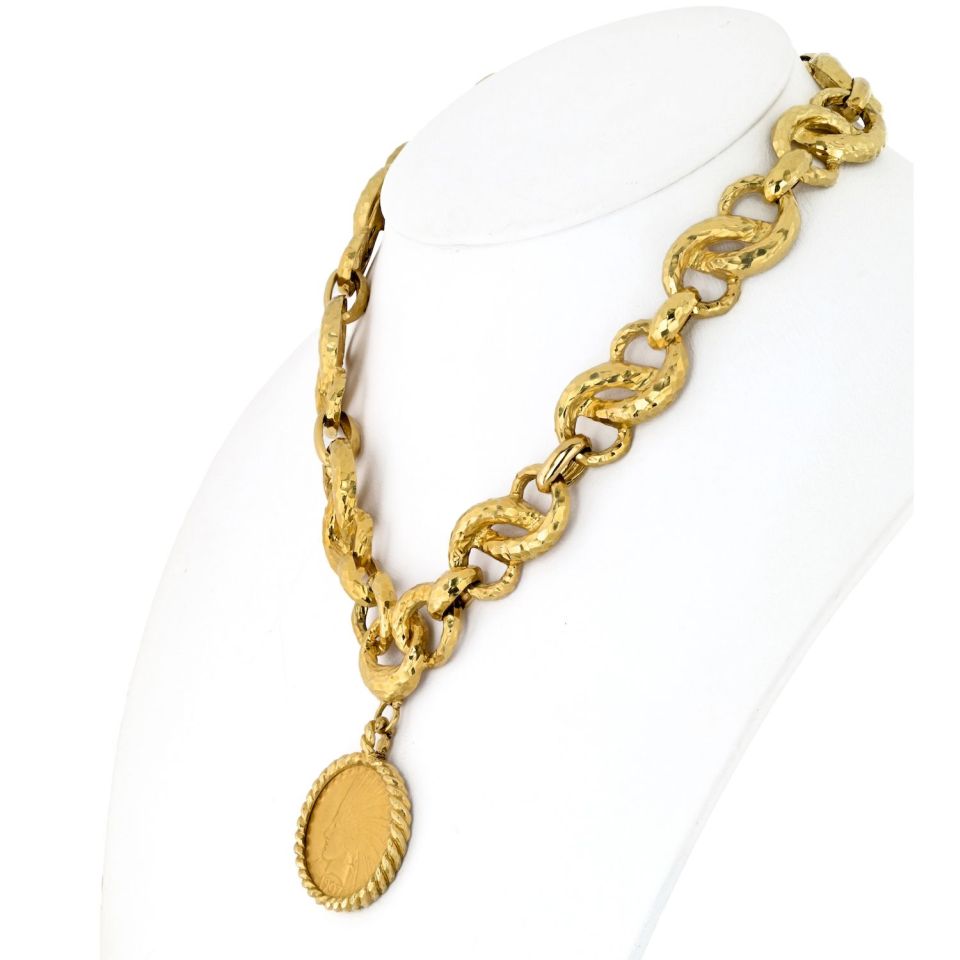 David Webb Coin Platinum & 18K Yellow Gold Hammered Coin Necklace — view 2 — Laura Milman New York