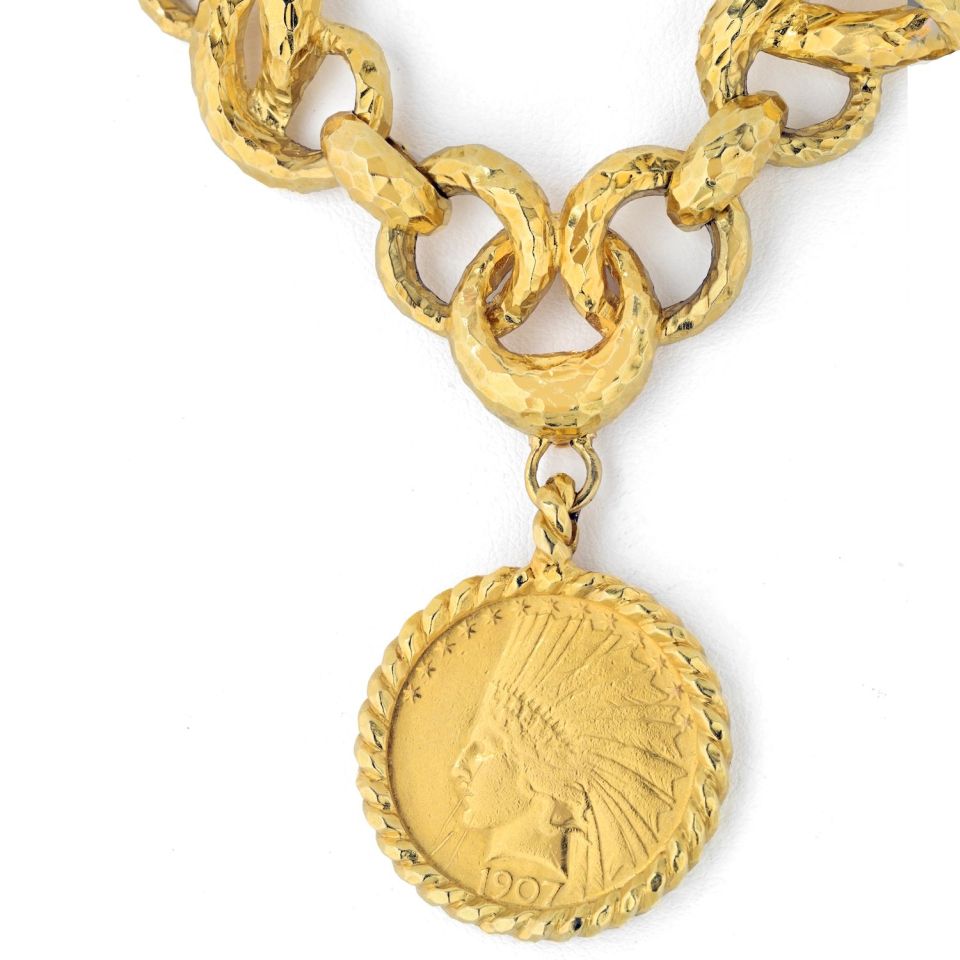 David Webb Coin Platinum & 18K Yellow Gold Hammered Coin Necklace — view 3 — Laura Milman New York