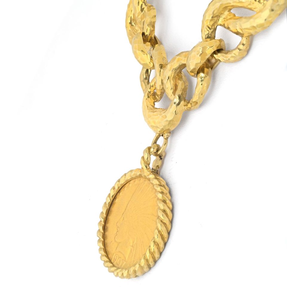 David Webb Coin Platinum & 18K Yellow Gold Hammered Coin Necklace — view 4 — Laura Milman New York