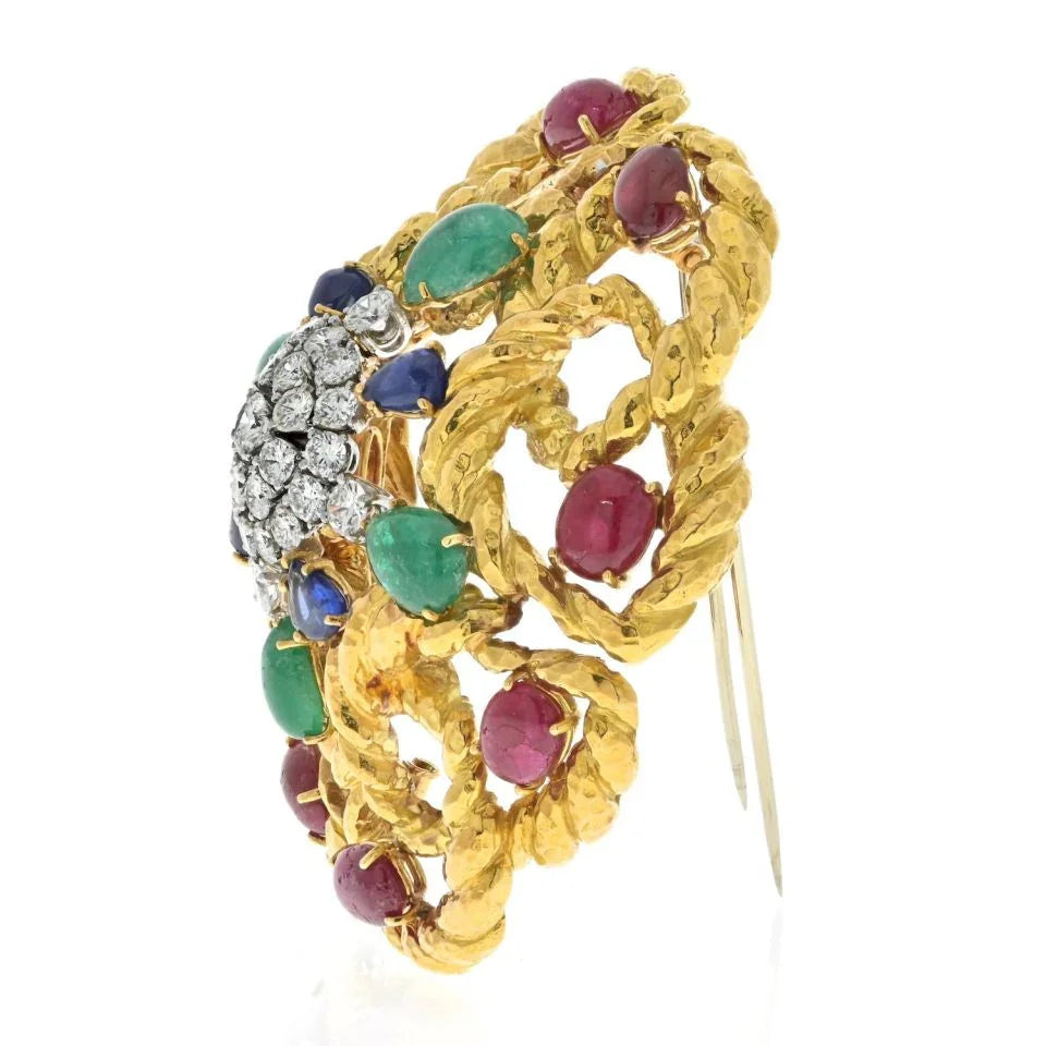 David Webb Platinum & 18K Yellow Gold Multigem Emerald, Ruby And Diamond Brooch — view 2 — Laura Milman New York