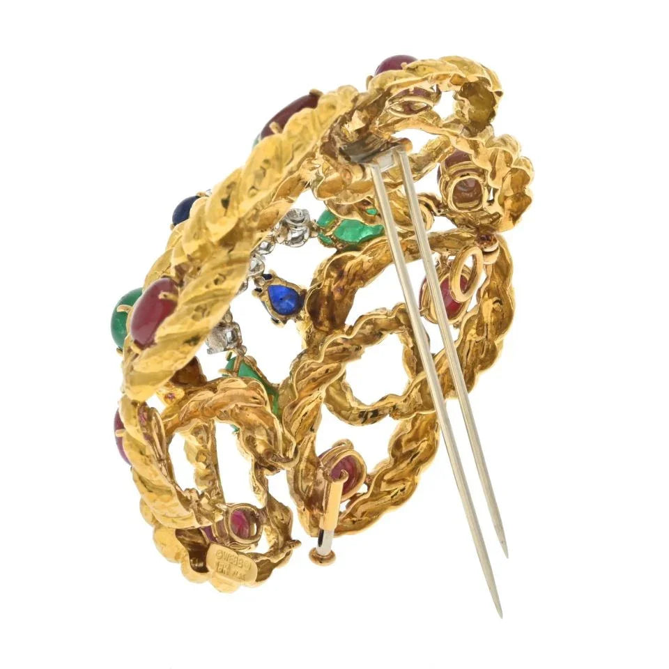 David Webb Platinum & 18K Yellow Gold Multigem Emerald, Ruby And Diamond Brooch — view 3 — Laura Milman New York