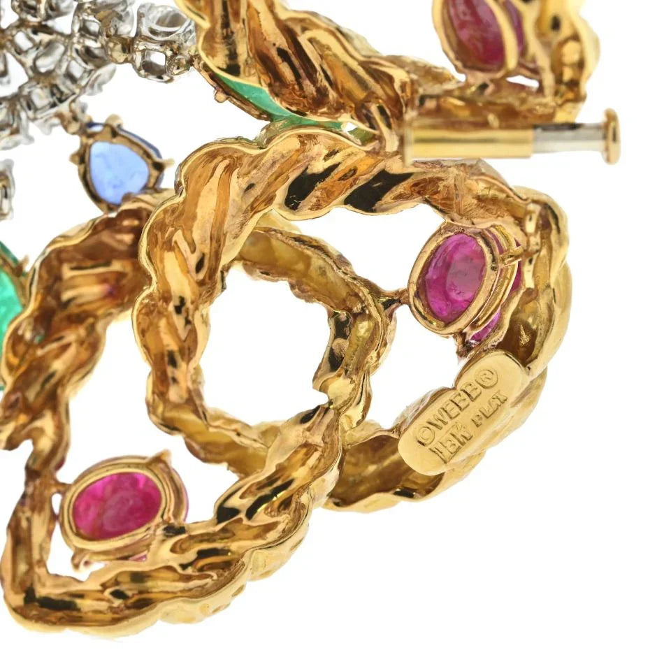 David Webb Platinum & 18K Yellow Gold Multigem Emerald, Ruby And Diamond Brooch — view 5 — Laura Milman New York