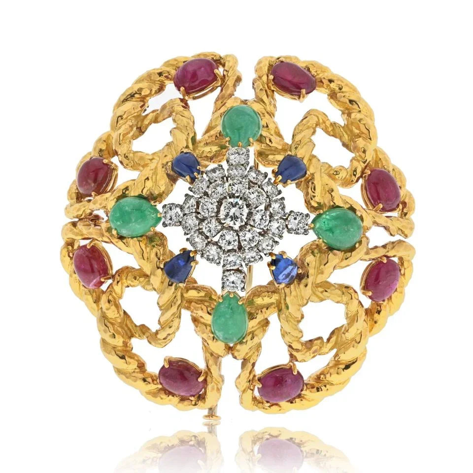 David Webb Platinum & 18K Yellow Gold Multigem Emerald, Ruby And Diamond Brooch — Laura Milman New York