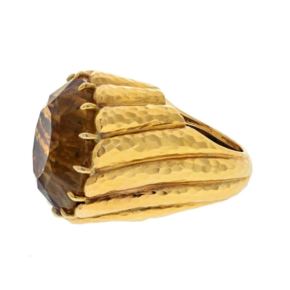 David Webb Platinum & 18K Yellow Gold Citrine Hammered Finish Cocktail Ring — view 2 — Laura Milman New York