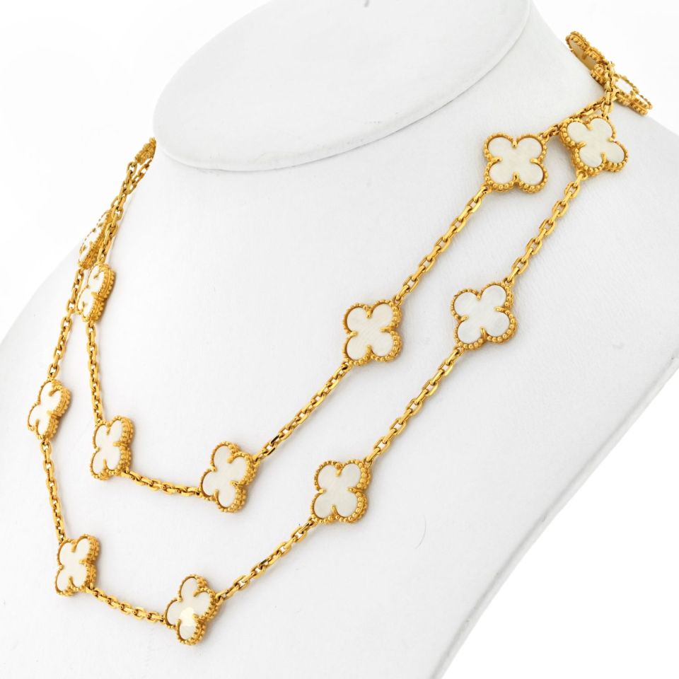 Van Cleef & Arpels Alhambra 18K Yellow Gold 20 Motif Circa 1985 White Coral Necklace — view 2 — Laura Milman New York