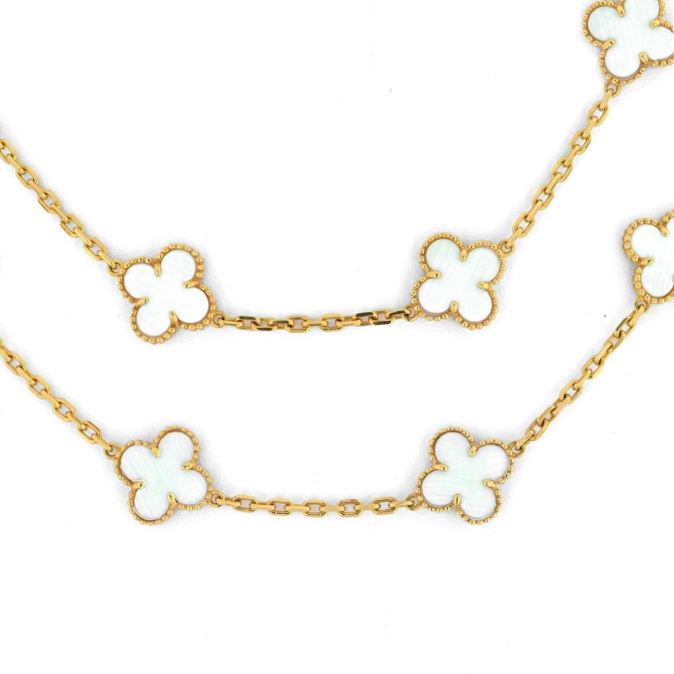 Van Cleef & Arpels Alhambra 18K Yellow Gold 20 Motif Circa 1985 White Coral Necklace — view 3 — Laura Milman New York