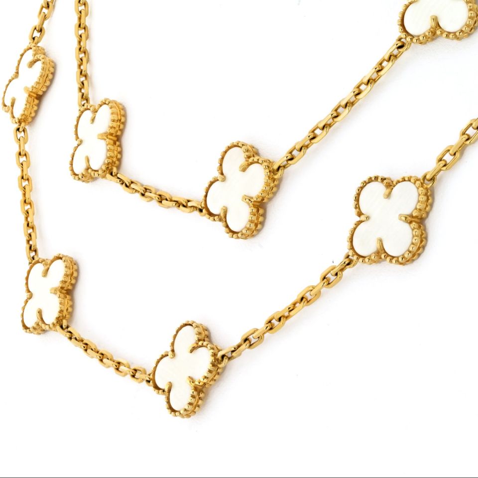 Van Cleef & Arpels Alhambra 18K Yellow Gold 20 Motif Circa 1985 White Coral Necklace — view 4 — Laura Milman New York