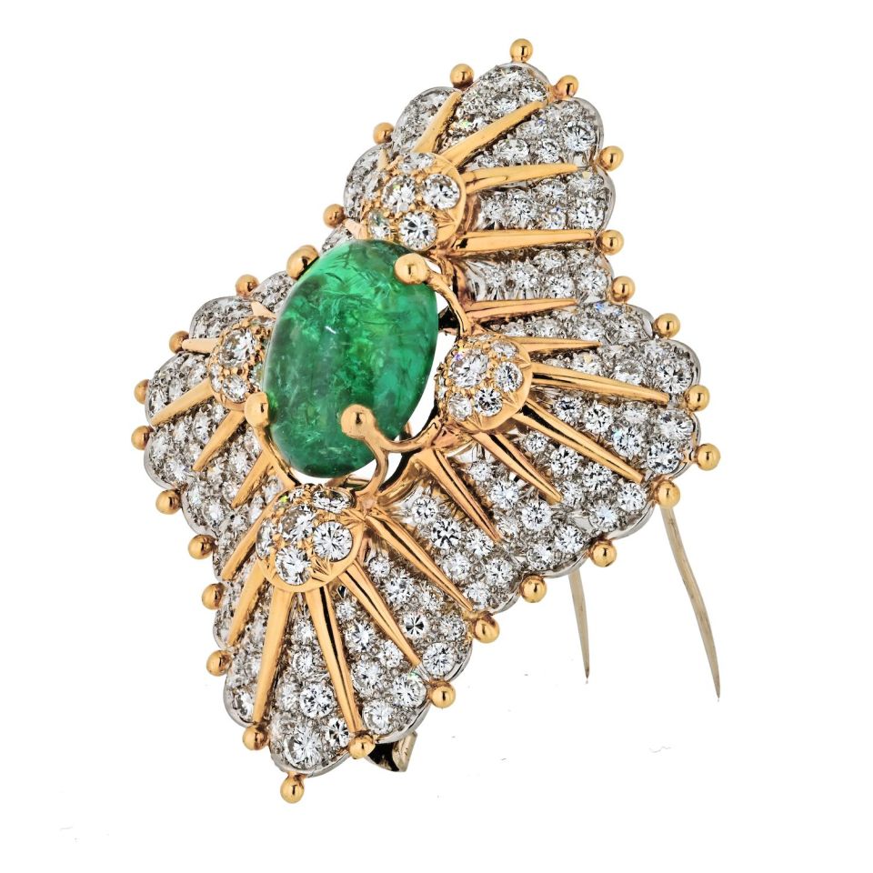 Tiffany Co. Schlumberger Platinum 18K Yellow Gold 12.00Ct Green Emerald And Diamond Brooch