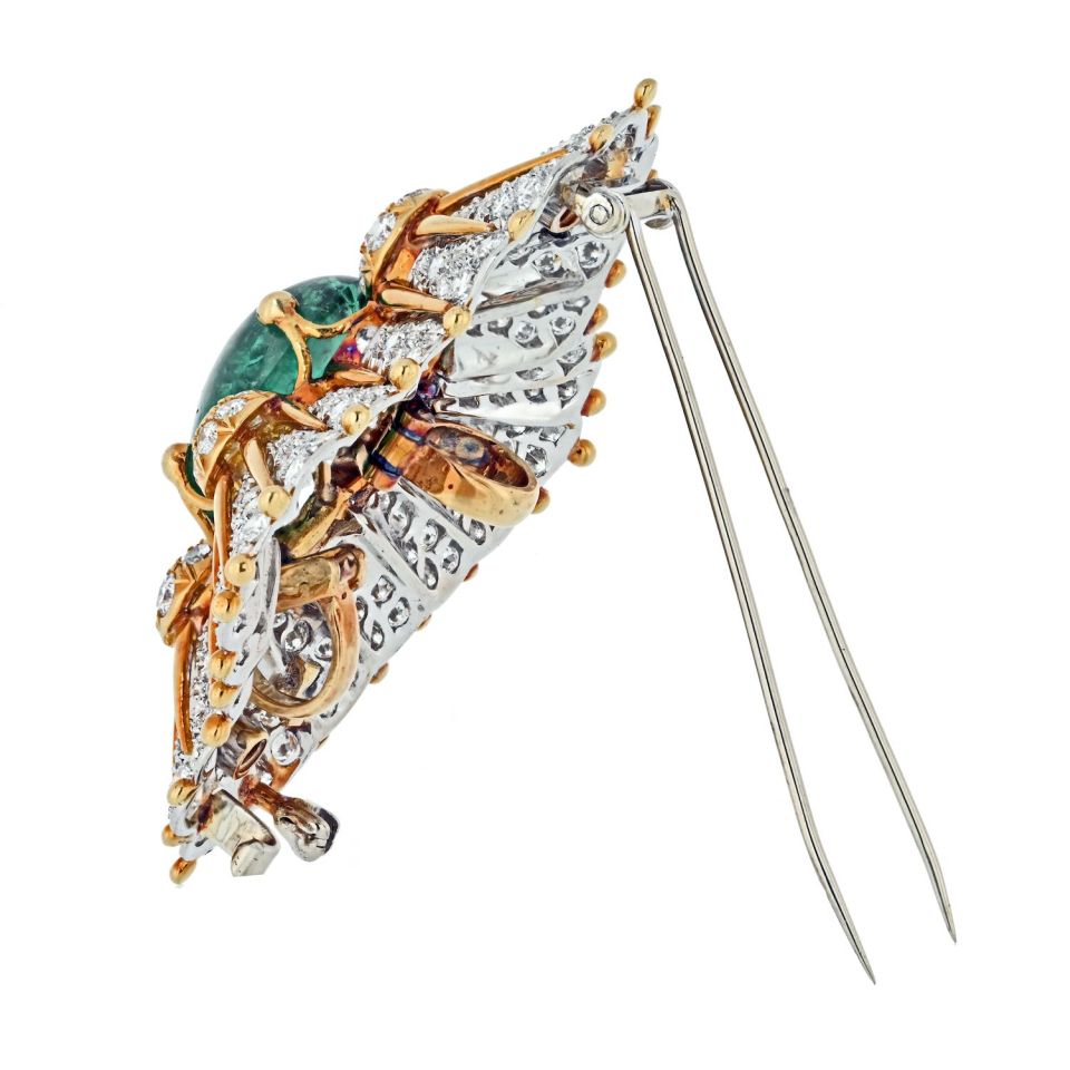 Tiffany Co. Schlumberger Platinum 18K Yellow Gold 12.00Ct Green Emerald And Diamond Brooch
