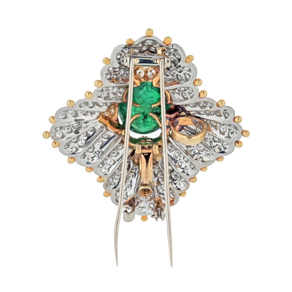 Tiffany Co. Schlumberger Platinum 18K Yellow Gold 12.00Ct Green Emerald And Diamond Brooch
