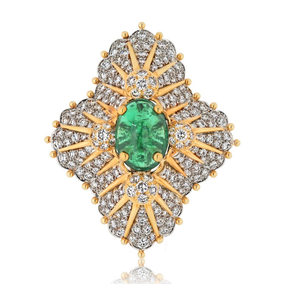 Tiffany Co. Schlumberger Platinum 18K Yellow Gold 12.00Ct Green Emerald And Diamond Brooch
