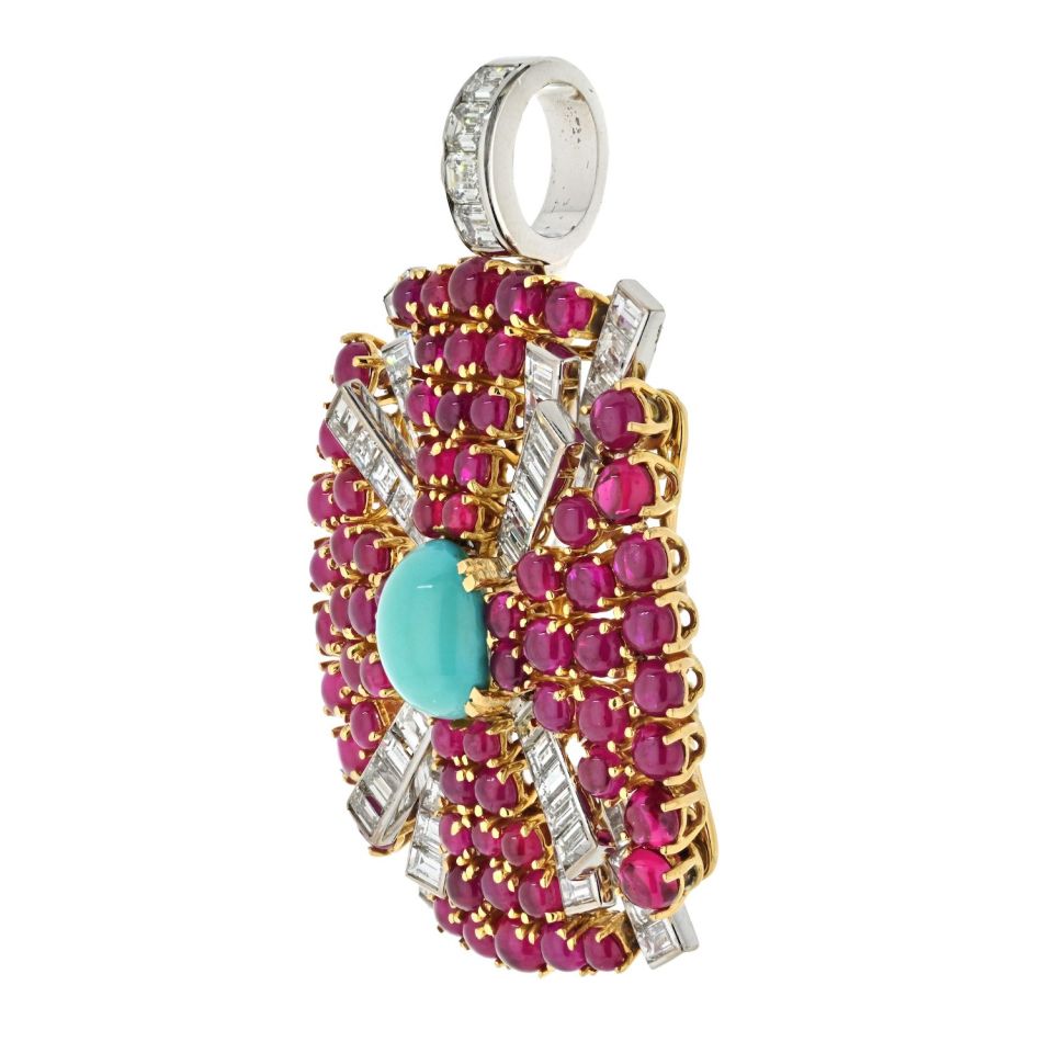 David Webb Platinum & 18K Yellow Gold Turquoise, Diamond And Ruby Pendant — view 2 — Laura Milman New York