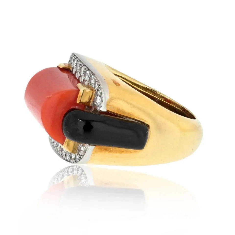 David Webb Platinum & 18K Yellow Gold Coral, Onyx And Diamond Ring — view 2 — Laura Milman New York