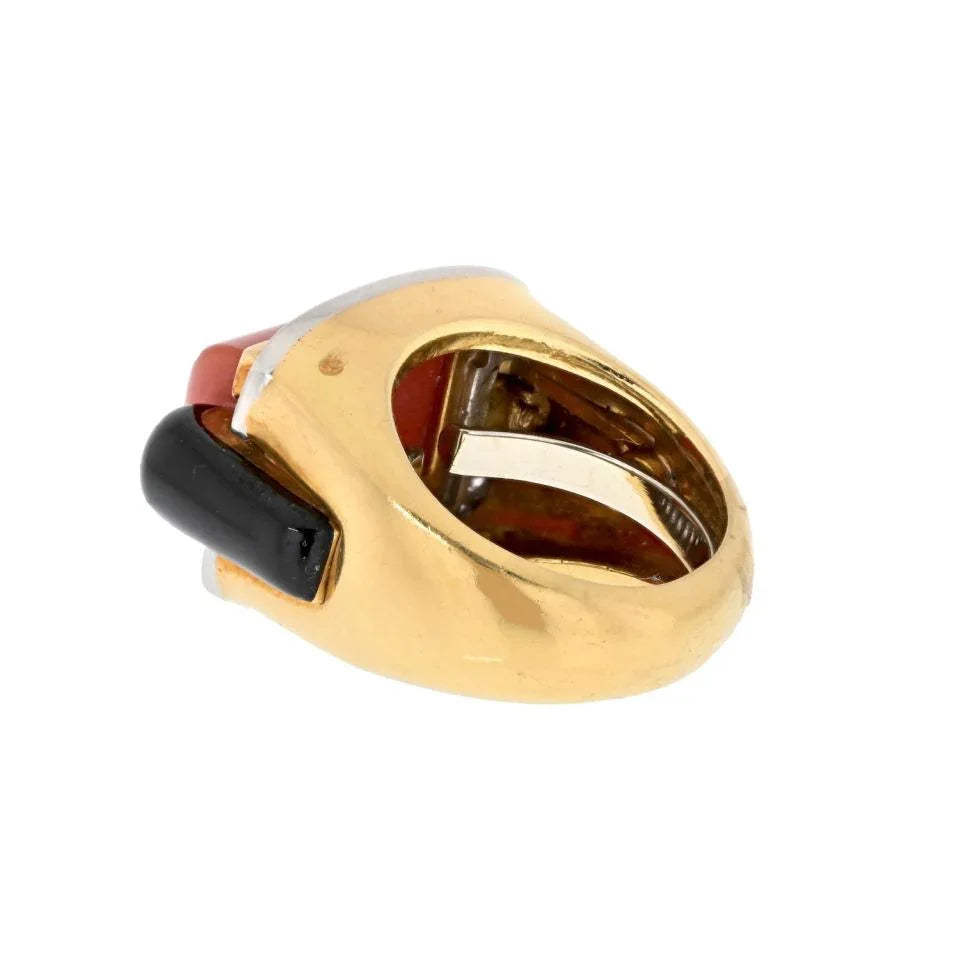 David Webb Platinum & 18K Yellow Gold Coral, Onyx And Diamond Ring — view 3 — Laura Milman New York