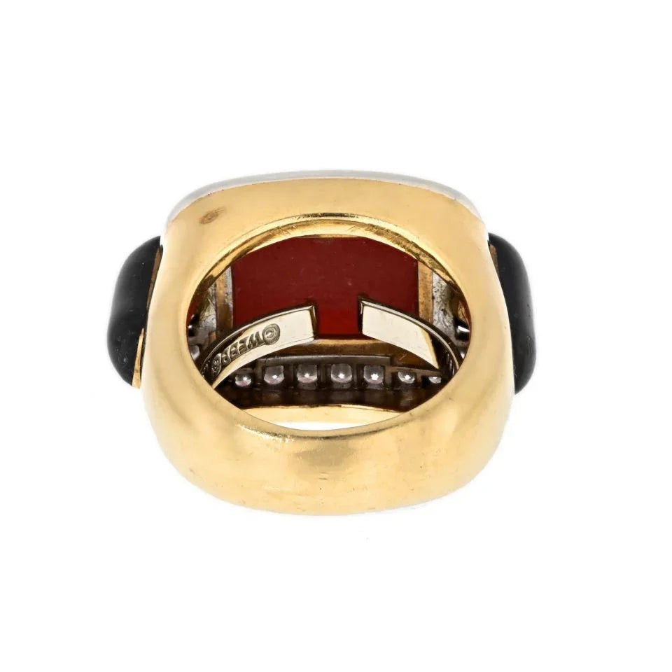David Webb Platinum & 18K Yellow Gold Coral, Onyx And Diamond Ring — view 4 — Laura Milman New York