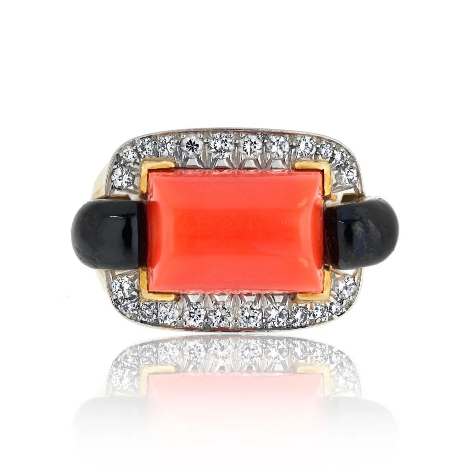 David Webb Platinum & 18K Yellow Gold Coral, Onyx And Diamond Ring — Laura Milman New York