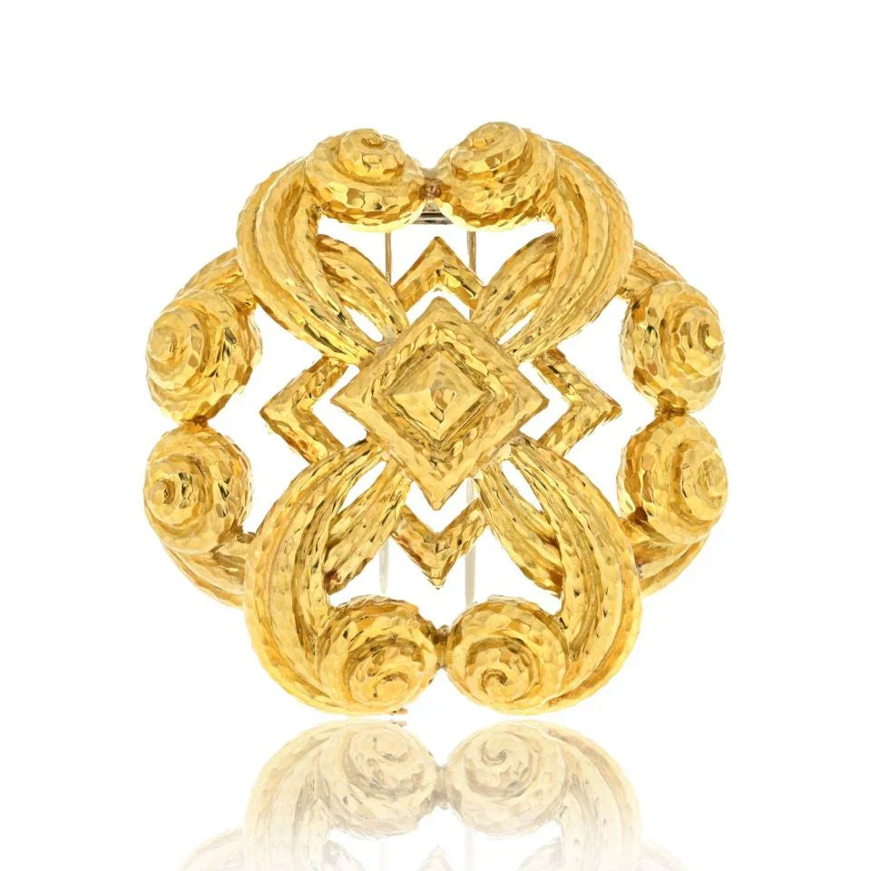 David Webb Platinum & 18K Yellow Gold Scrolled Hammered Brooch — Laura Milman New York