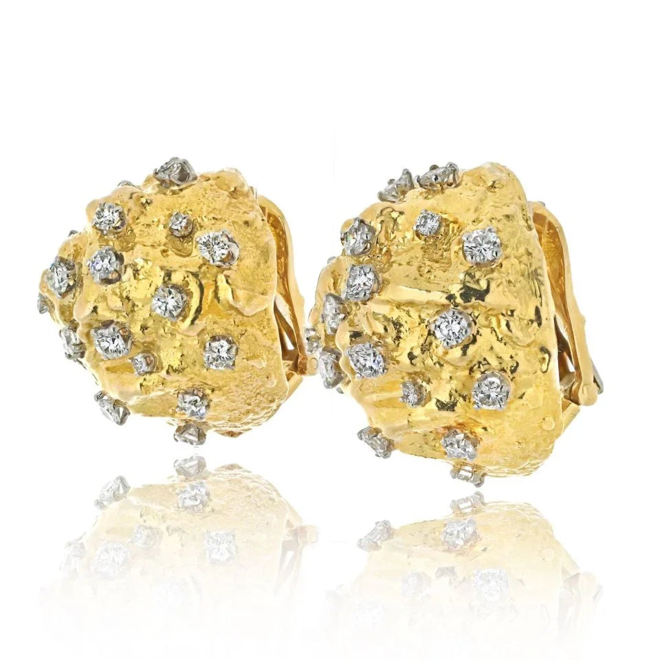 David Webb Platinum & 18K Yellow Gold 3.00cttw Round Cut Diamond Hammered Dome Earrings — view 2 — Laura Milman New York