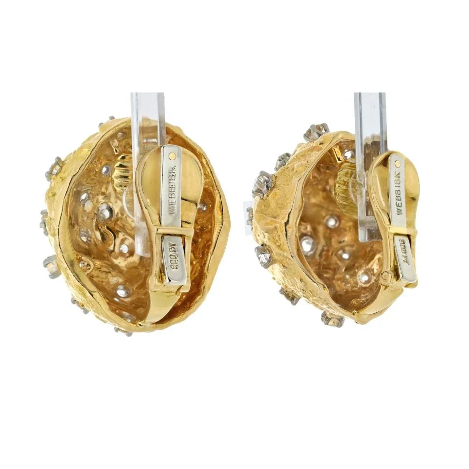 David Webb Platinum & 18K Yellow Gold 3.00cttw Round Cut Diamond Hammered Dome Earrings — view 3 — Laura Milman New York