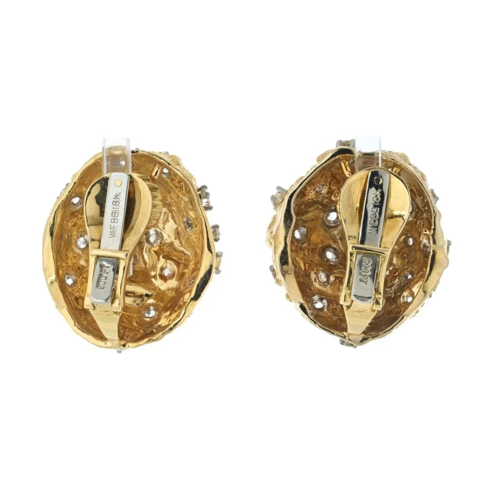 David Webb Platinum & 18K Yellow Gold 3.00cttw Round Cut Diamond Hammered Dome Earrings — view 4 — Laura Milman New York