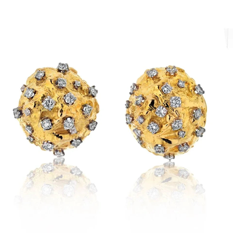 David Webb Platinum & 18K Yellow Gold 3.00cttw Round Cut Diamond Hammered Dome Earrings — Laura Milman New York