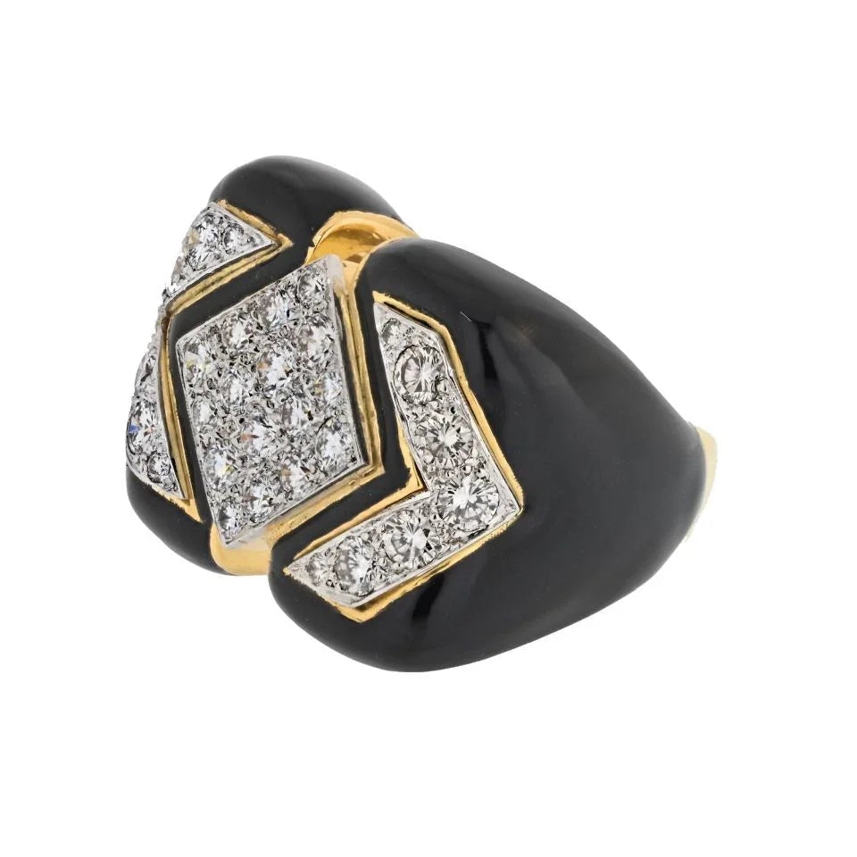 David Webb Platinum & 18K Yellow Gold Black Enamel And Diamond Cocktail Ring — view 3 — Laura Milman New York