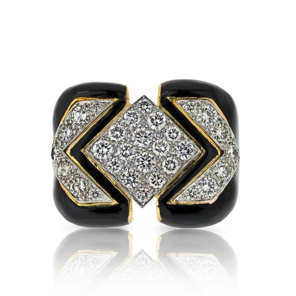 David Webb Platinum & 18K Yellow Gold Black Enamel And Diamond Cocktail Ring — Laura Milman New York