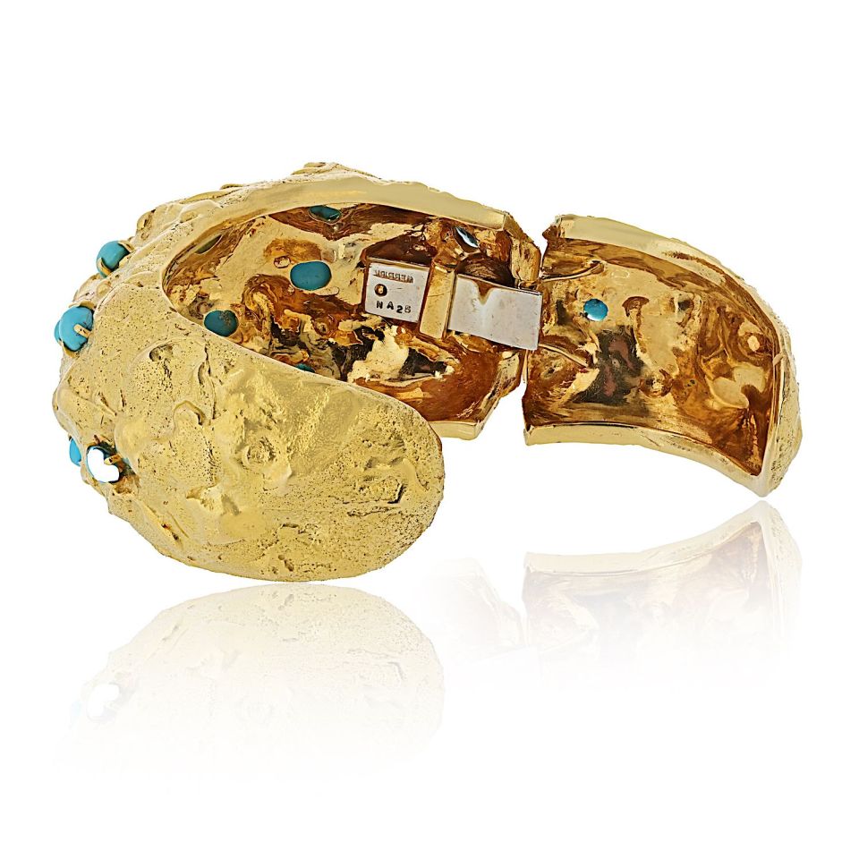 David Webb Platinum & 18K Yellow Gold Hammered Turquoise Cabochon Cut Cuff Bracelet — view 4 — Laura Milman New York