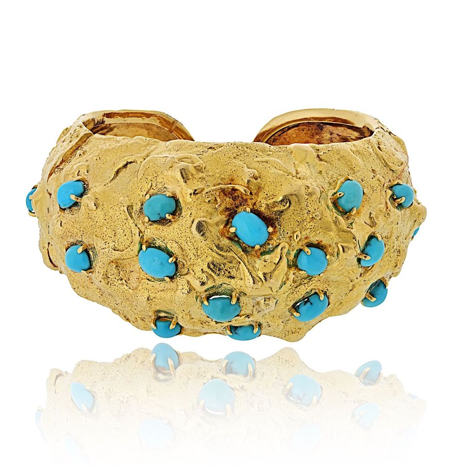 David Webb Platinum & 18K Yellow Gold Hammered Turquoise Cabochon Cut Cuff Bracelet — Laura Milman New York