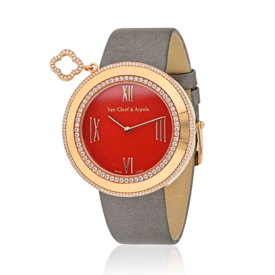 Pre-Owned Van Cleef & Arpels 18K Rose Gold Charms Carnelian Dial 38mm Double Row Diamond Bezel Women Watch - Van Cleef & Arpels Watch — Laura Milman New York
