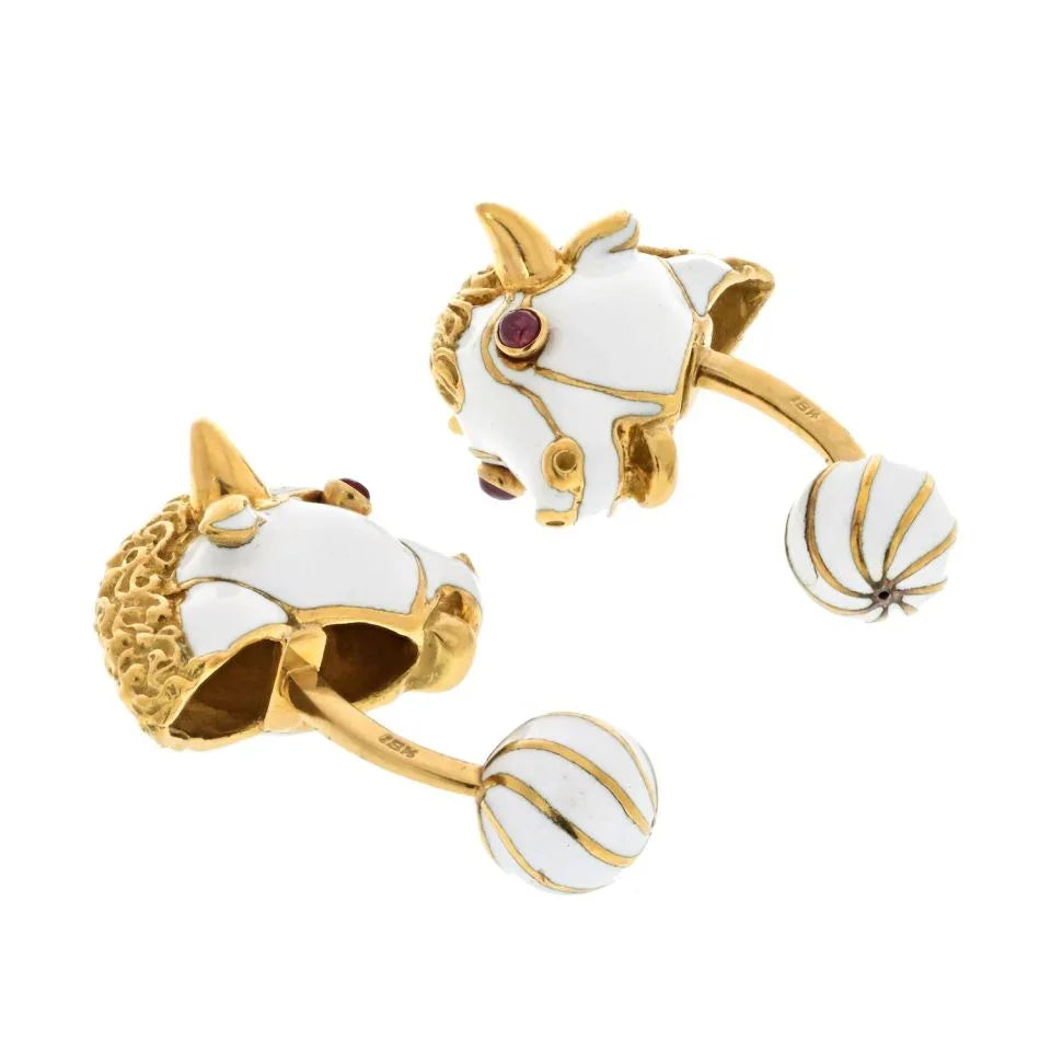 David Webb Platinum & 18K Yellow Gold White Enamel Bull With Ruby Eyes Cuff Links — view 2 — Laura Milman New York