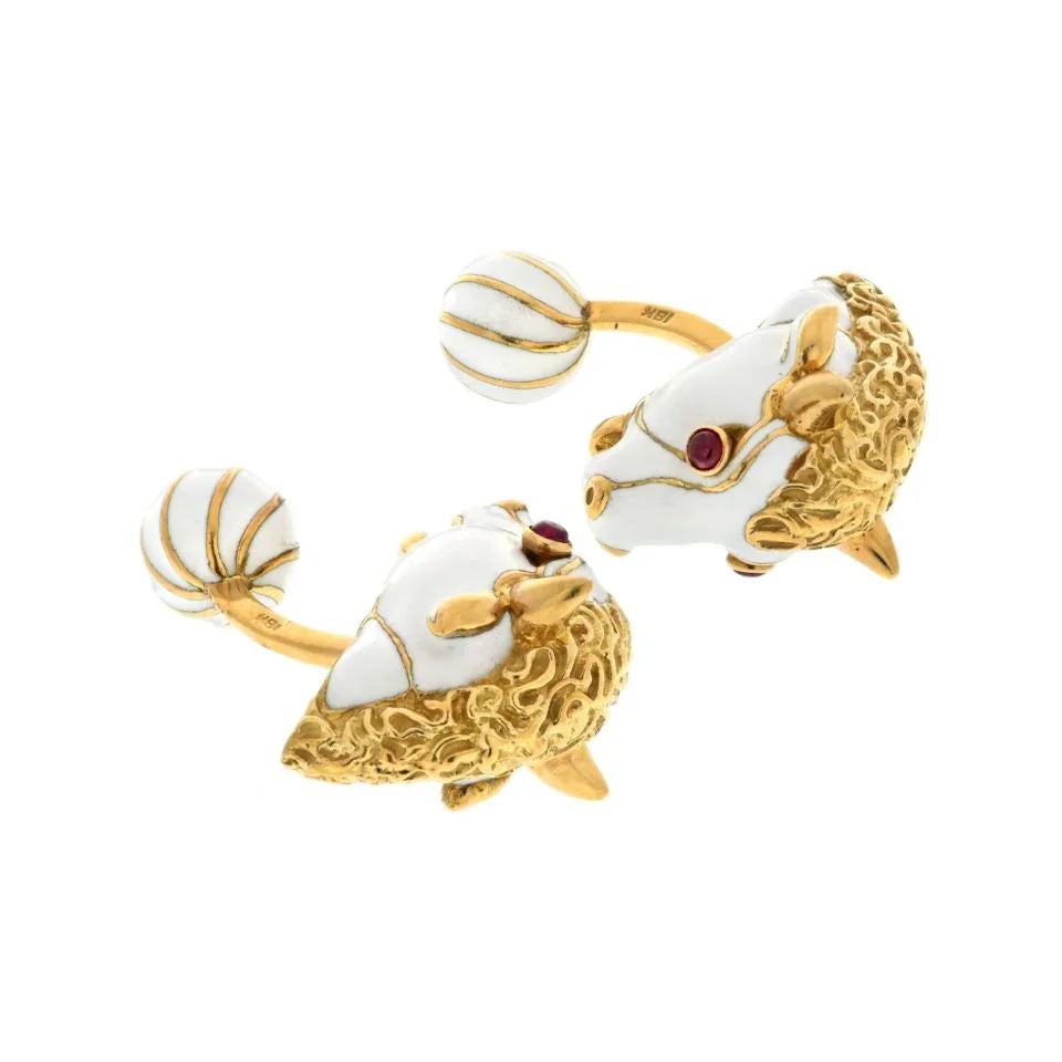 David Webb Platinum & 18K Yellow Gold White Enamel Bull With Ruby Eyes Cuff Links — view 3 — Laura Milman New York