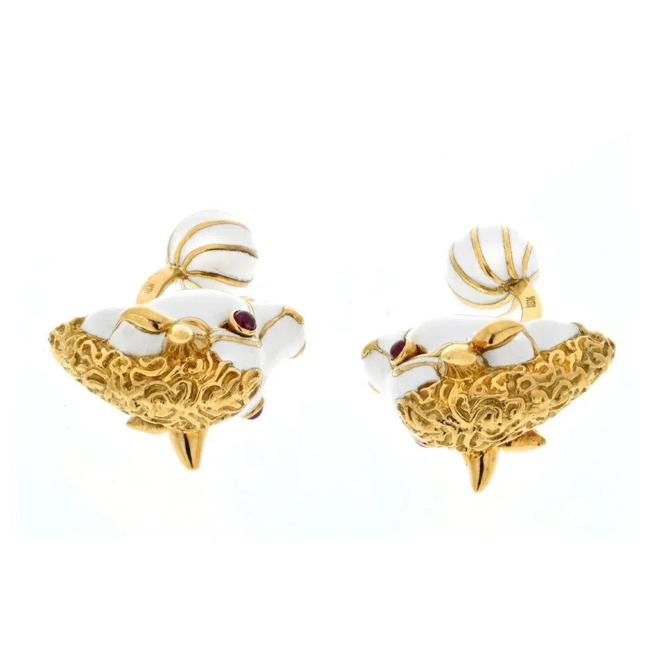 David Webb Platinum & 18K Yellow Gold White Enamel Bull With Ruby Eyes Cuff Links — view 4 — Laura Milman New York