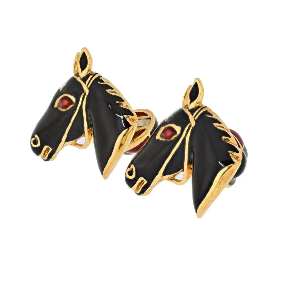 David Webb 18K Yellow Gold Black Enamel Jockey Horse Cuff Links — view 2 — Laura Milman New York
