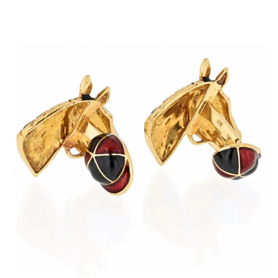 David Webb 18K Yellow Gold Black Enamel Jockey Horse Cuff Links — view 4 — Laura Milman New York