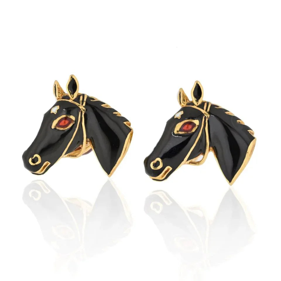 David Webb 18K Yellow Gold Black Enamel Jockey Horse Cuff Links — Laura Milman New York