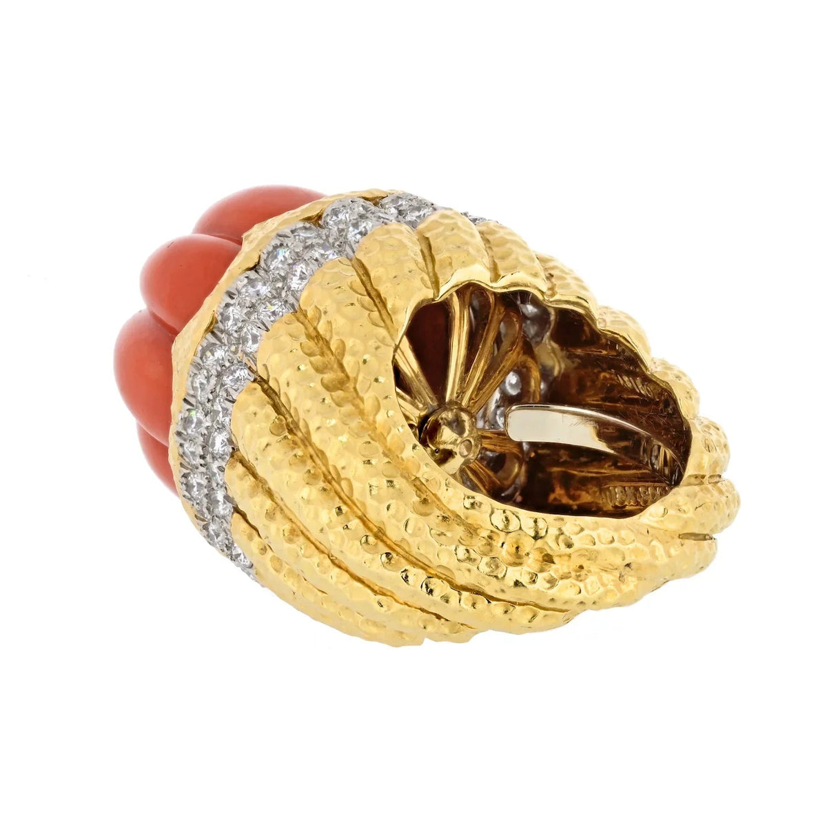David Webb Platinum & 18K Yellow Gold Carved Coral Diamond Rim Ring — view 3 — Laura Milman New York