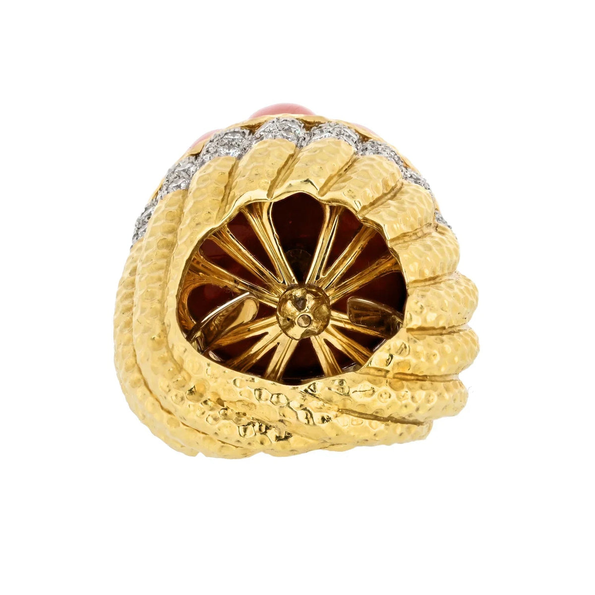 David Webb Platinum & 18K Yellow Gold Carved Coral Diamond Rim Ring — view 4 — Laura Milman New York