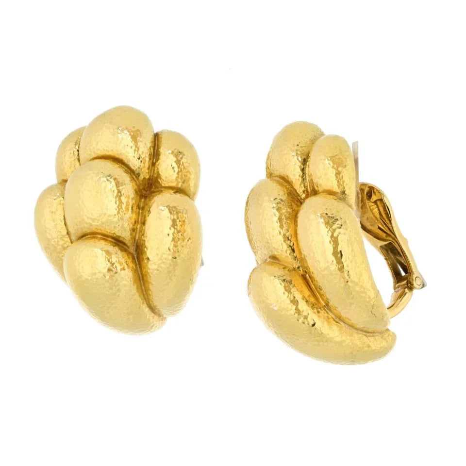 David Webb Platinum & 18K Yellow Gold Hammered Organic Design Clip Earrings — view 2 — Laura Milman New York