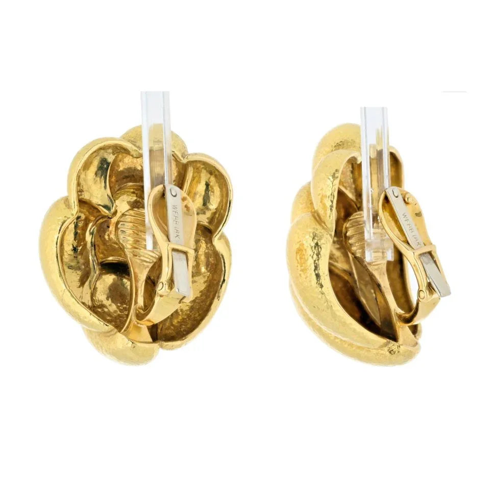 David Webb Platinum & 18K Yellow Gold Hammered Organic Design Clip Earrings — view 3 — Laura Milman New York