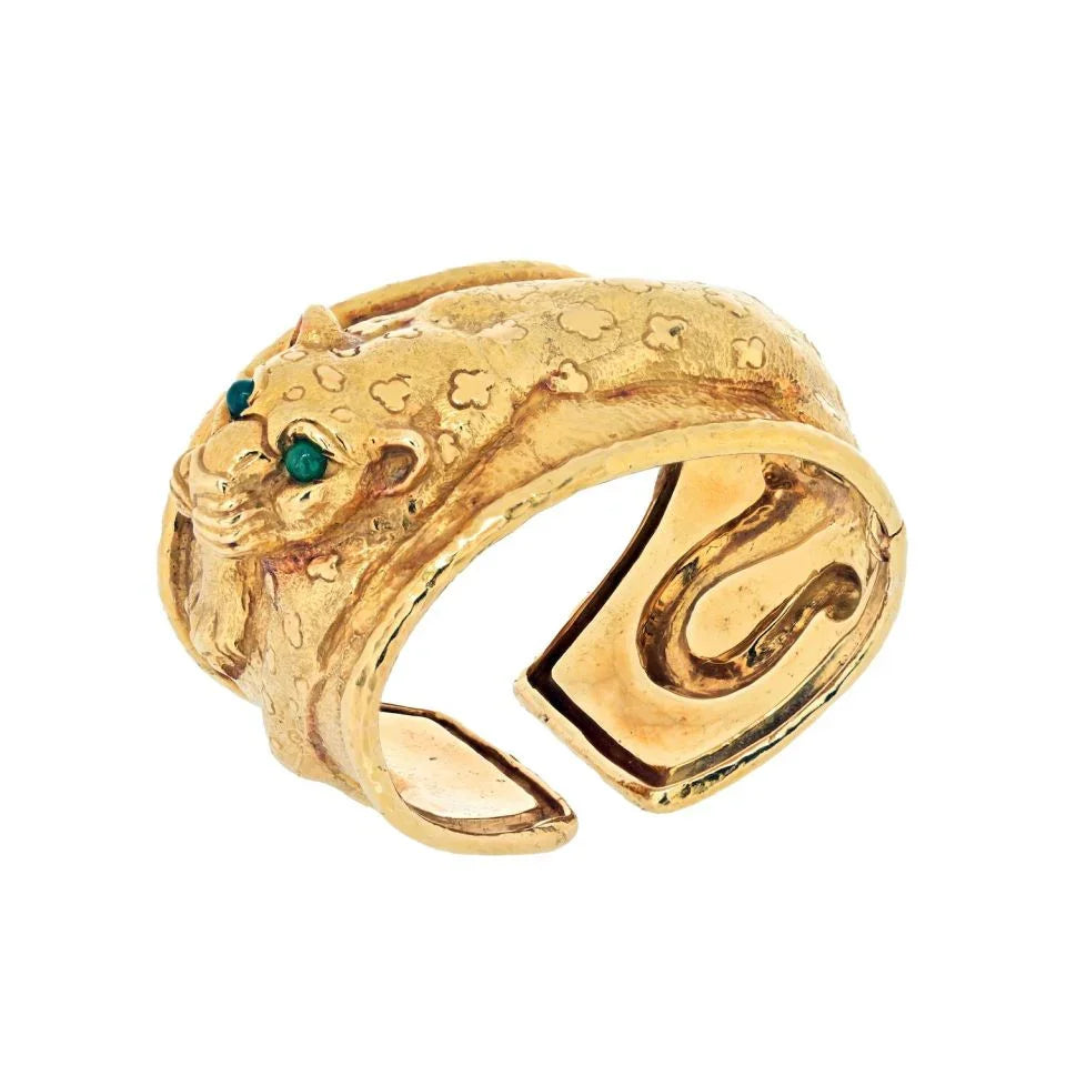 David Webb 18K Yellow Gold Repousee Leopard With Green Emerald Eyes Bracelet — Laura Milman New York