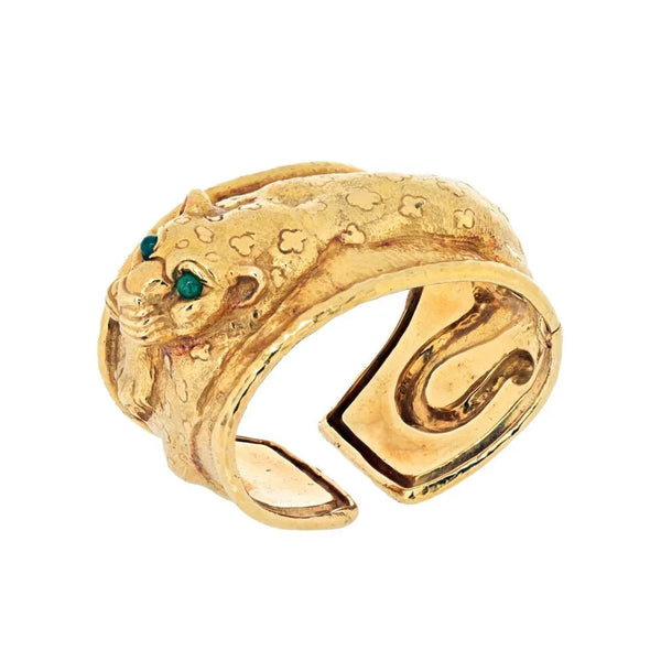 David Webb 18K Yellow Gold Repousee Leopard With Green Emerald Eyes Bracelet